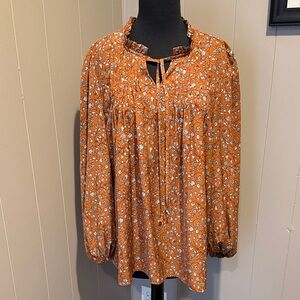 B34 Hotouch Women’s XXL Elegant Floral Rust Orange Pleated Preppy Blouse